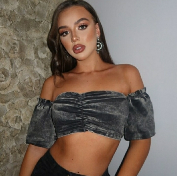 High quality Denim Ruched Short sleeved Bandeau Top - Picture 9 of 15